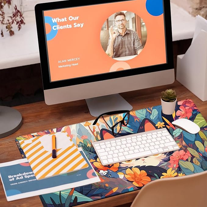 Desk Mat, Black Cat Among Flowers Desk Pad, Cute Cat Large Gaming Mouse Pad, 31.5"x15.7" Extended Big Computer Keyboard Mouse Pad with Non-Slip Base and Stitched Edge