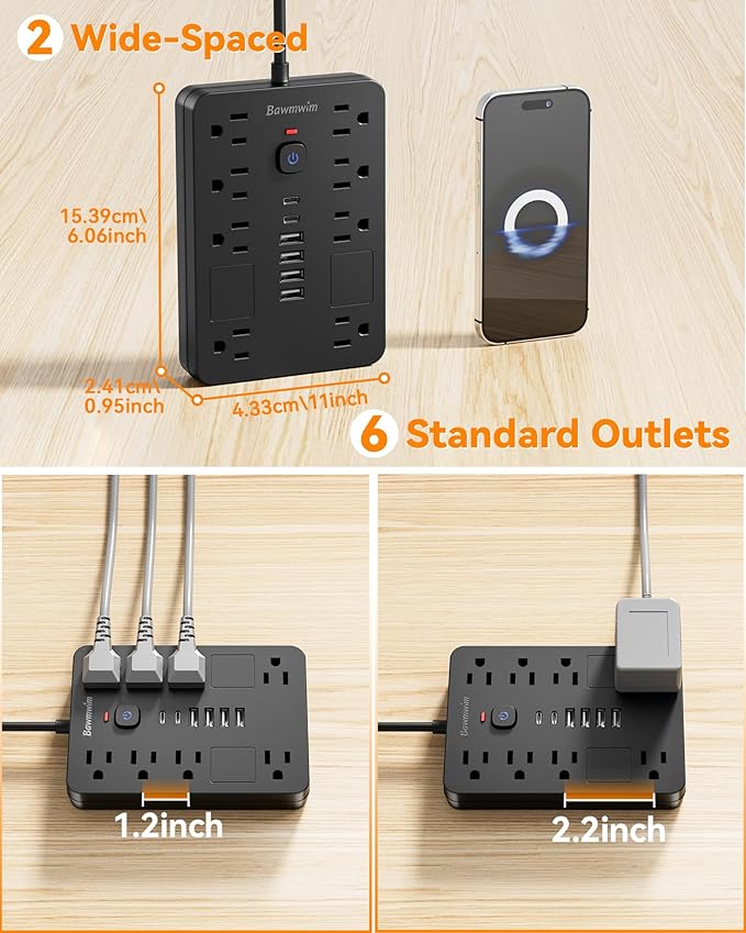 Surge Protector Power Strip - 8 Outlets(1850W/15A) with 6 USB Ports（2 USB C, 10FT Flat Plug Extension Cord, Wall Mount Multi Plug Outlet Extender, ETL Listed for Home, Dorm Room, Black