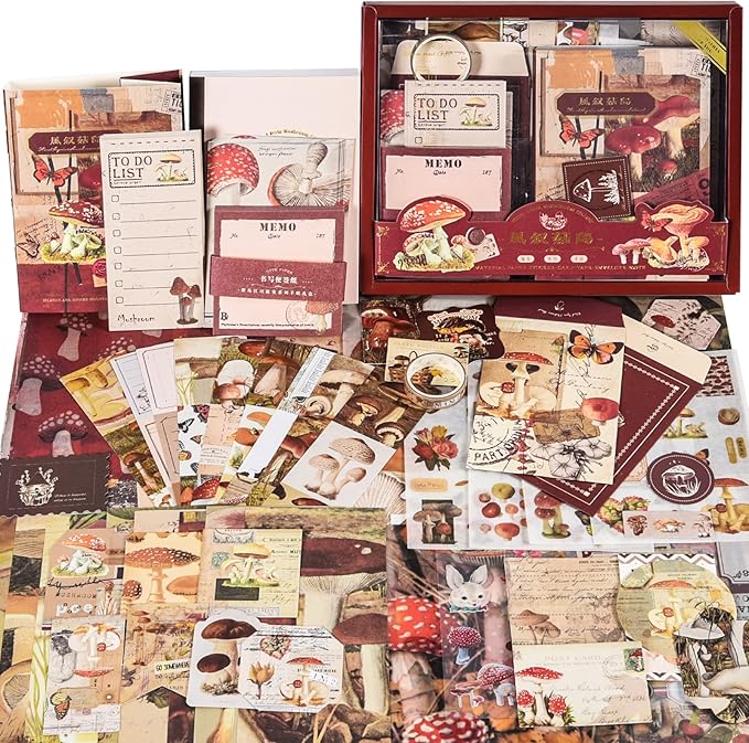 Scrapbooking Supplies Kit, Vintage Aesthetic Scrapbook Kit, Junk Journal Supplies with Scrapbooking Paper A6 Grid Notebook, Journaling Supplies, Birthday Craft Gift for Adult Teen Girl Kid, Mushroom