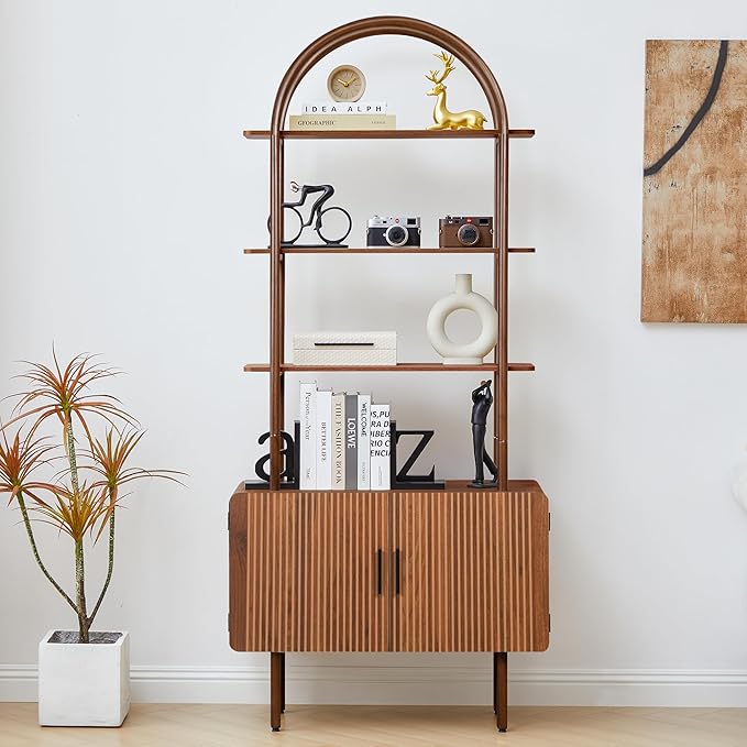 71" Tall Fluted Arched Bookshelf with Doors, Mid Century Modern Metal Bookcase Cabinet with Storage, 4-Tier Industrial Organizer Rack Storage Shelves for Home Office, Living Room (Walnut)