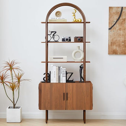 71" Tall Fluted Arched Bookshelf with Doors, Mid Century Modern Metal Bookcase Cabinet with Storage, 4-Tier Industrial Organizer Rack Storage Shelves for Home Office, Living Room (Walnut)
