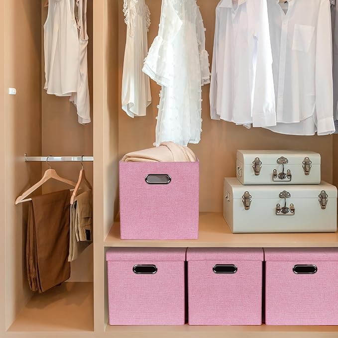 Storage Bins with Lids, Collapsible Linen Fabric Boxes Organizer Containers with Lid Foldable Storage Box Basket for Closet, Shelves, Home, Office, 11 x 11 x 11.4 Inch, 4 Pack, Pink