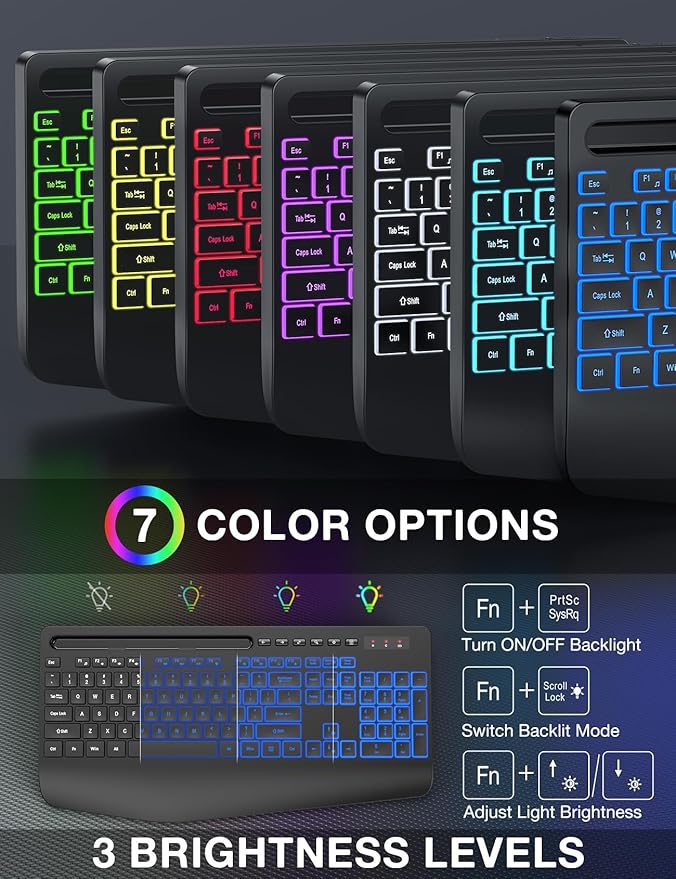 Wireless Keyboard and Mouse Combo - 9 Backlit Effects, RGB, Ergonomic Wrist Rest, Phone Holder, 2.4G Full Size, Rechargeable, Sleep Mode, Quiet Keyboard Set for Computer, PC, Laptop, Mac, Windows