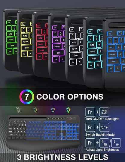 Wireless Keyboard and Mouse Combo - 9 Backlit Effects, RGB, Ergonomic Wrist Rest, Phone Holder, 2.4G Full Size, Rechargeable, Sleep Mode, Quiet Keyboard Set for Computer, PC, Laptop, Mac, Windows