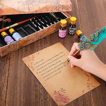 Feather Calligraphy Pen Ink Set, Mechanical Feather Pen and Wooden Dip Pen, 5 Colors of Ink, 12 Replacement Nibs, Pen Holder, Envelope and Letter Paper (Green)