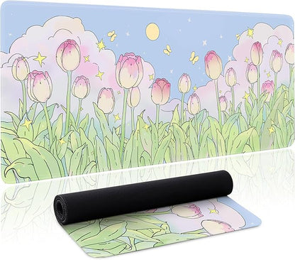 Kawaii Flower Mouse Pad Large Desk Mat Extended Keyboard Mouse Pad Cute XL Mousepad with Non-Slip Base and Stitched Edge Plant MouseMat Desk Pad 31.5 x 11.8 in Mouse Pads for Desk Home Office Gaming