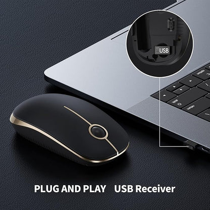 VssoPlor Wireless Mouse, 2.4G Slim Portable Computer Laptop Mouse with Nano Receiver Quiet Silent Optical Mice for Notebook, PC, Laptop, Computer-Black and Gold