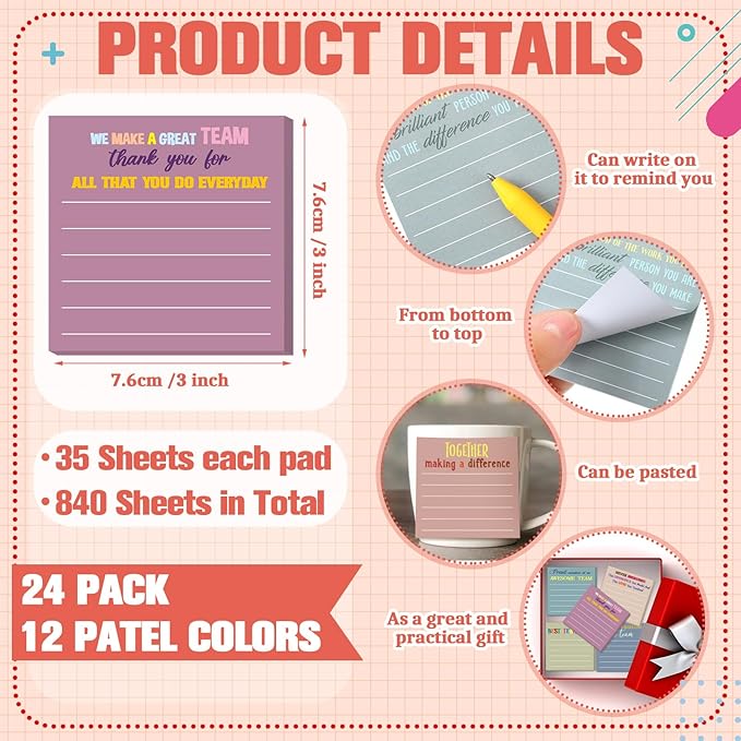 Yinder 24 Pcs Inspirational Sticky Notes Christmas Stocking Stuffers Motivational Sticky Notes Pad Employee Appreciation Gift Bulk for Teacher Nurse Coworker Office 3 x 3'' (Thank You,Morandi)
