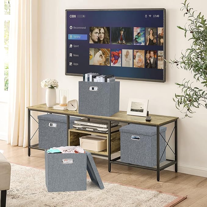 Storage Bins with Lids, Collapsible Linen Fabric Boxes Organizer Containers with Lid Foldable Storage Box Basket for Closet, Shelves, Home, Office, 12 x 12 x 12.4 Inch, 4 Pack, Dark Gray