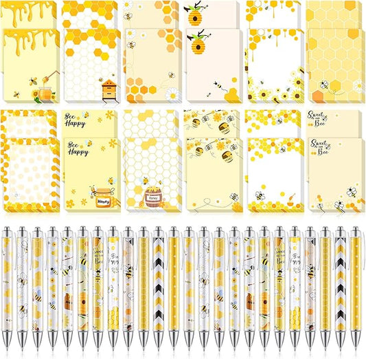 48 Pcs Bee Sticky Notes with Pens Bee Theme Stationery Set Cute Note Pads Adesive Memo Notes Honey Pattern Black Ink Ballpoint Pens for School Office Home Supplies Students Teachers Christmas