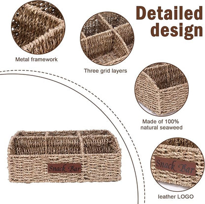 Snack Organizer for Countertop, Trapezoid Snack Organizer Seagrass Wicker Basket, 5 Compartments Snack Box Container, Snack Bar Station Organizer, Kitchen Cabinet Pantry Organizer and Storage
