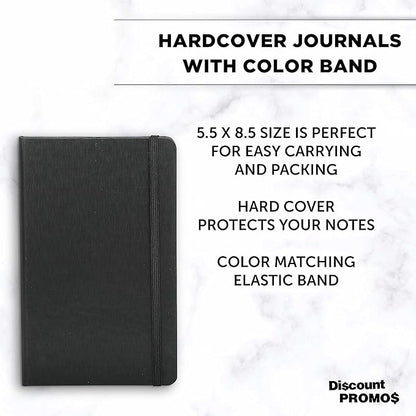 DISCOUNT PROMOS Hardcover Notebook Journals with Elastic Colored Band Set of 6, Bulk Pack - Perfect for School, Office, Home - Black