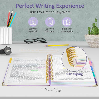 Hardcover Spiral Notebook Journal, 8"x10" Large B5 Notebooks with Removable Dividers Tabs, 300 Pages Leather 5 Subject Notebook College Ruled, Journal for Work School Note, 100 GSM Thick Paper,Purple.