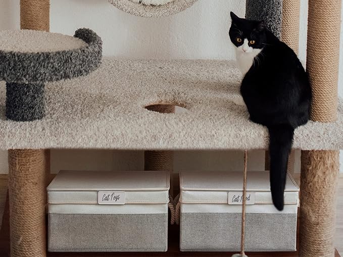 LoforHoney Home Fabric Storage Bins with Lids for Organizing, Foldable Closet Storage Boxes for Shelves, Clothes Baskets with Cotton Rope Handles, Large, Beige & Gray, 4-Pack