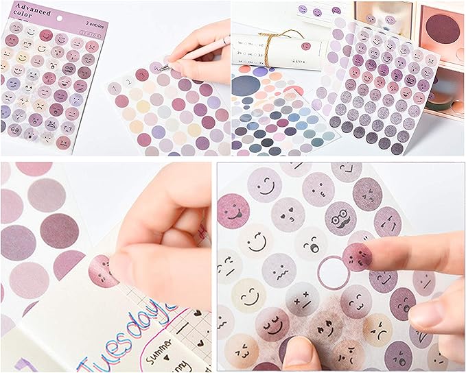 Lovely Face Circle Stickers -6 Pack (18 Sheet) Colorful Circles Stickers Pack - Translucent Color Coding Dots Labels - Assorted Color Code Sticker, for Customizing Planners to Do List Calendar