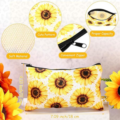 20 Pcs Sunflower Gift Set 4 Yellow Flower Makeup Bags for Women 8 Sunflower Sticky Notes and 8 Flower Ballpoint Pens Leopard Black Ink Writing Pens for Office Study Journaling Writing Gift