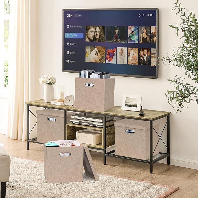 Storage Bins with Lids, Collapsible Linen Fabric Boxes Organizer Containers with Lid Foldable Storage Box Basket for Closet, Shelves, Home, Office, 11 x 11 x 11.4 Inch, 4 Pack, Khaki