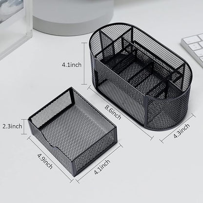 Black Mesh Pen Holder Desk Organizer Cute Office Supplies Pencil and Marker Organizers Oval Desk Caddy with 8 Compartments and 1 Drawer Workspace Accessories for Office School Home