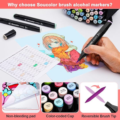 Soucolor Alcohol Markers Set, 100 Colors Dual Tip Brush Art Alcohol Markers, School Office Teacher Supplies for Kids and Adults Coloring Drawing Sketching Book Painting Card Making Illustration