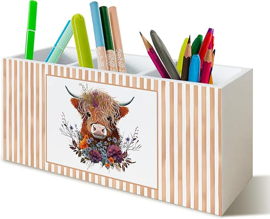 Floral Highland Cow Pen Pencil Holder Organizer for Desk, Highland Cow Lover Gifts, Farmhouse Farm Animal Heifer Wooden Box Block Sign for Home Classroom Dorm Office Tabletop Decor