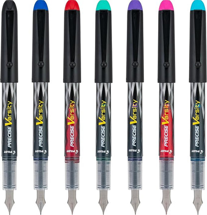 PILOT Pen 90029 Precise Varsity Pre-Filled Fountain Pens, Medium Point Stainless Steel Nib, Black/Blue/Red/Pink/Green/Purple/Turquoise, 7-Pack Pouch