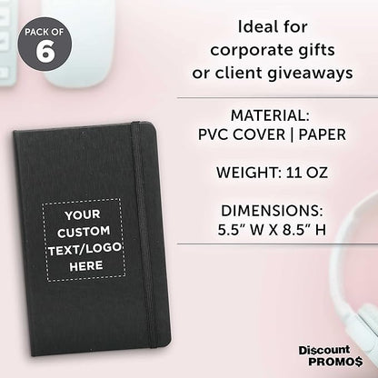 DISCOUNT PROMOS Custom Hardcover Notebook Journals with Elastic Colored Band Set of 6, Personalized Bulk Pack - Perfect for School, Office, Home - Black