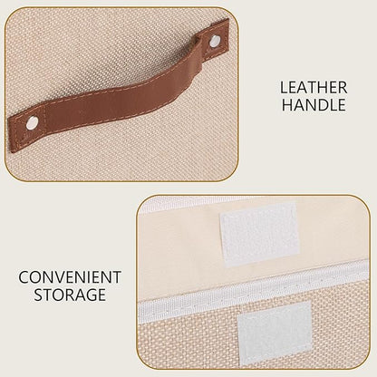 Yawinhe Collapsible Storage Boxes, Linen Fabric Baskets, Bin with lid and Leather Handle, Washable, for Home, Closet, Beige, 17.7''Lx11.8''Wx11.8''H, 1-Pack, USNK024BEX-1