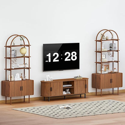 71" Tall Fluted Arched Bookshelf with Doors, Mid Century Modern Metal Bookcase Cabinet with Storage, 4-Tier Industrial Organizer Rack Storage Shelves for Home Office, Living Room (Walnut)