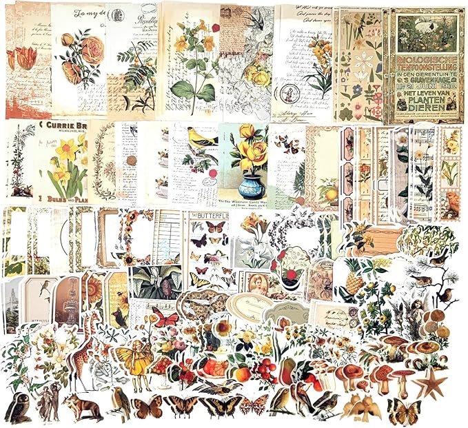 200PCS Vintage Scrapbooking Supplies Kit for Journaling, Scrapbook Sticker Paper Pack for for Bullet Journals Junk Journal Planners Aesthetic Cottagecore Room Decor Wall Art Collage Album
