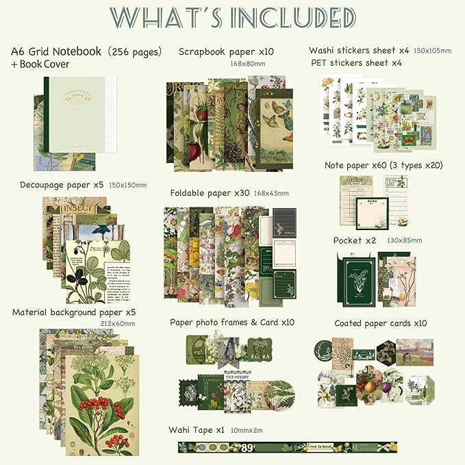 Scrapbooking Supplies Kit, Botanical Aesthetic Vintage Scrapbook Kit for Bullet Junk Journal A6 Grid Notebook Stationary Journaling Supplies Flower DIY Craft Birthday Gifts for Women Kid Teen Girl