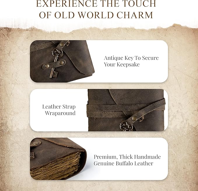 Vintage Leather Journal Lined Pages with Key - Antique Handmade Deckle Edge Vintage Paper Leather Bound Journal - Book of Shadows Journal - Leather Sketchbook - Drawing Journal - Great Gift