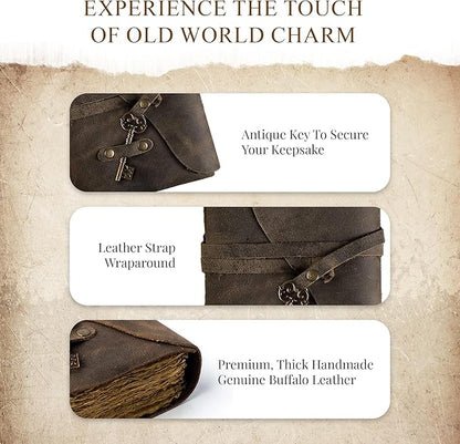 Vintage Leather Journal Lined Pages with Key - Antique Handmade Deckle Edge Vintage Paper Leather Bound Journal - Book of Shadows Journal - Leather Sketchbook - Drawing Journal - Great Gift