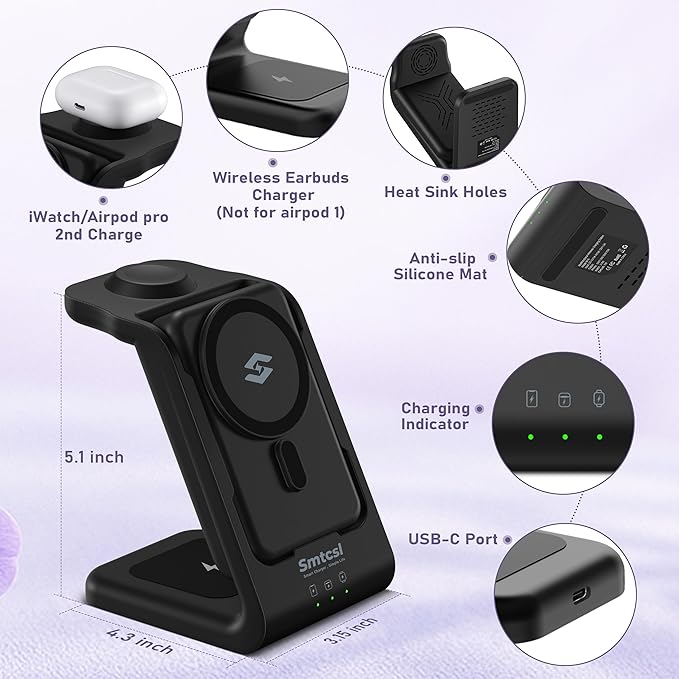 3 in 1 Wireless Charging Station: 10000mAh Removable Power Bank Charger Stand for Phone/Watch/Air Pods - Portable Magnetic Battery Pack for Air 17 16 15 14 13 12 Series