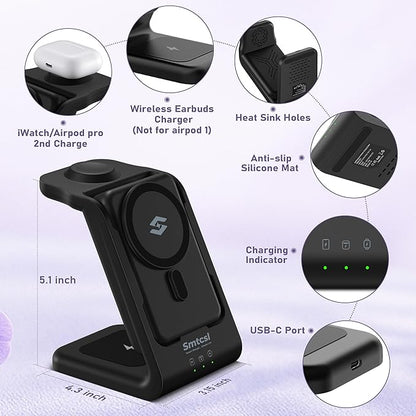 3 in 1 Wireless Charging Station: 10000mAh Removable Power Bank Charger Stand for Phone/Watch/Air Pods - Portable Magnetic Battery Pack for Air 17 16 15 14 13 12 Series