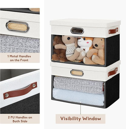 Fabric Clear Window Storage Bins with Lid, Closet Storage Box Linen Closet Baskets with 3 Handles for Organizing Clothing, Jeans, Shelves 15''- 3 Pack (Black and White)