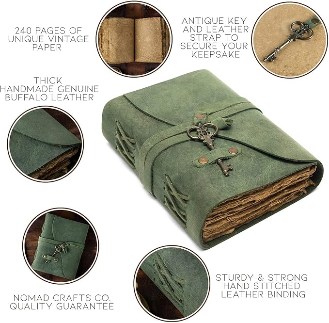 Vintage Leather Journal - Antique Handmade Deckle Edge Vintage Paper Leather Bound Journal - Book of Shadows Journal - Leather Sketchbook - Drawing Journal - Great Gift (Green, 7.5"x5.5")