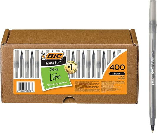 BIC Round Stic Xtra Life Black Ballpoint Pens, Medium Point (1.0mm), 400-Count Pack of Bulk Pens, Flexible Round Barrel for Comfortable Writing, No. 1 Selling Ballpoint Pens