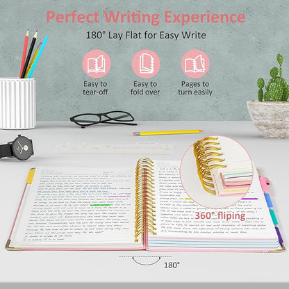 Hardcover Spiral Notebook Journal, 8"x10" Large B5 Notebooks with Removable Dividers Tabs, 300 Pages Leather 5 Subject Notebook College Ruled, Journal for Work School Note, 100 GSM Thick Paper,Pink