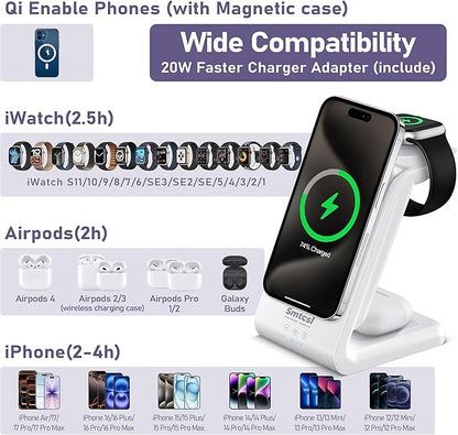 3 in 1 Wireless Charging Station: 10000mAh Removable Power Bank Charger Stand for Phone/Watch/Air Pods - Portable Magnetic Battery Pack for Air 17 16 15 14 13 12 Series White