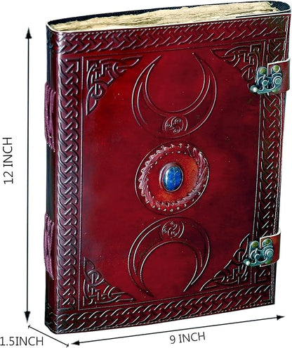 cuero 3 Moon Blue Lapiz Embossed Vintage Leather Journal | 240 Pages of Antique Handmade Deckle Edge Vintage Paper, Leather Sketchbook, Drawing Journal, Great Gift (9 inch 12 inch, brown)