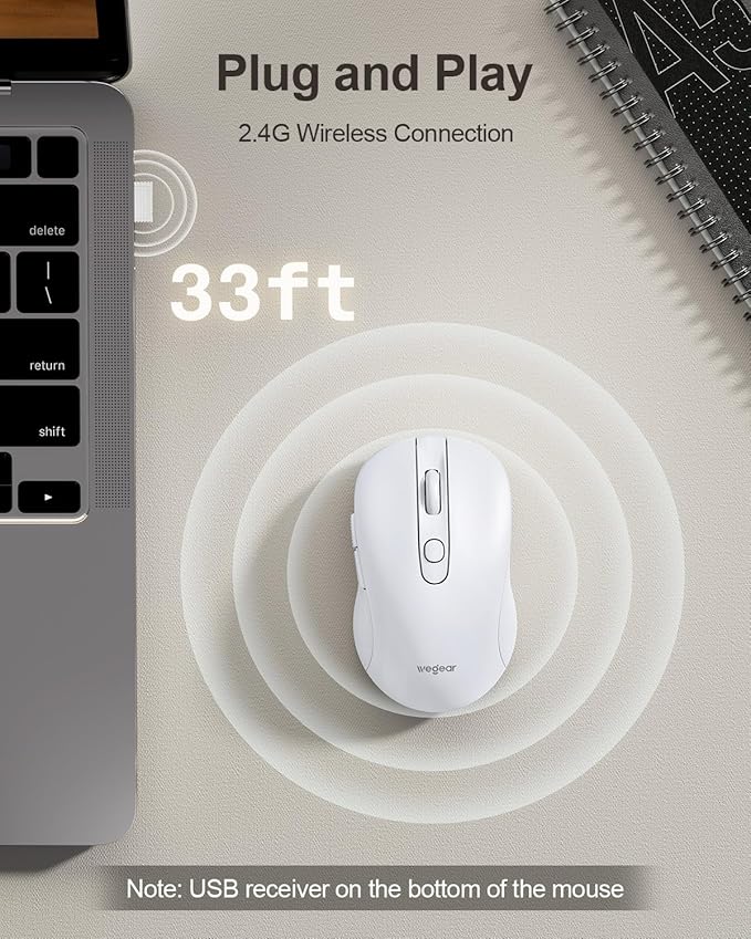 USB Wireless Mouse for Laptop PC Mac, 2.4GHz Cordless Mouse with 6 Buttons, 5-Level Adjustable 4000 DPI, Ergonomic Portable Optical Computer Mice, 24-Month Battery Life -White