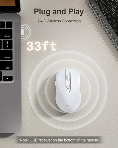 USB Wireless Mouse for Laptop PC Mac, 2.4GHz Cordless Mouse with 6 Buttons, 5-Level Adjustable 4000 DPI, Ergonomic Portable Optical Computer Mice, 24-Month Battery Life -White