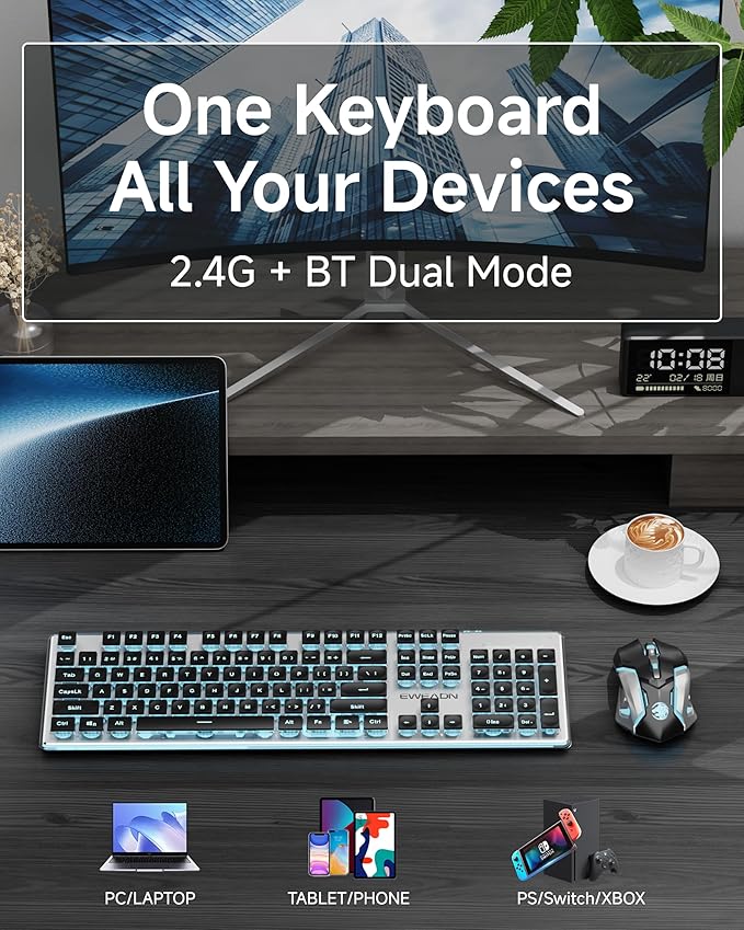 EWEADN V3 Wireless Keyboard and Mouse with Blue Backlit, Metal Panel, Bluetooth/2.4G Rechargeable Computer Keyboard and Mouse Combo Silent Lighted Full Size Cordless Keyboards-Black