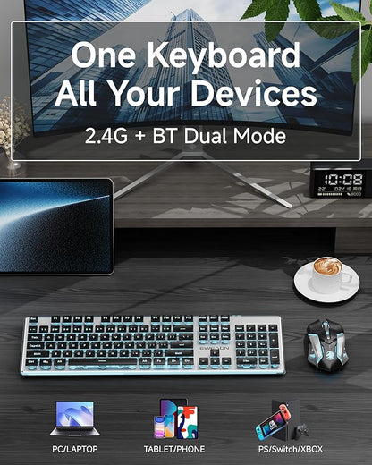 EWEADN V3 Wireless Keyboard and Mouse with Blue Backlit, Metal Panel, Bluetooth/2.4G Rechargeable Computer Keyboard and Mouse Combo Silent Lighted Full Size Cordless Keyboards-Black