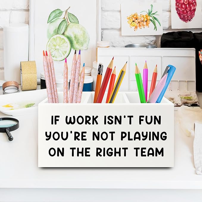 Inspirational Pen Pencil Holder Organizer for Desk, Inspirational Gifts for Women, Teamwork Team Gifts for Employees Coworkers Wooden Box Sign for Home Office Desk Tabletop Decorations