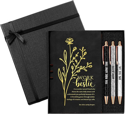 5 Pcs Work Besties Gifts for Women Set Leather Journal Ballpoint Pens with Box Thank You Appreciation Gift for Thanksgiving Christmas Birthday Work Bestie Gifts Coworker Friend (Black)