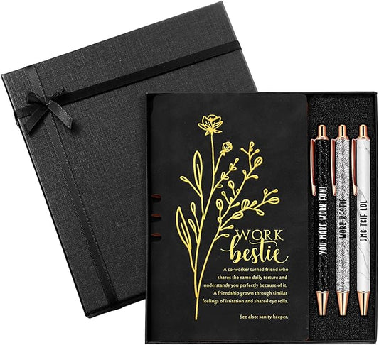5 Pcs Work Besties Gifts for Women Set Leather Journal Ballpoint Pens with Box Thank You Appreciation Gift for Thanksgiving Christmas Birthday Work Bestie Gifts Coworker Friend (Black)