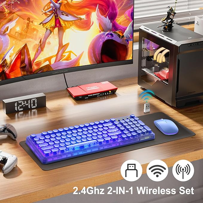 Blue Light Up Keyboard and Mouse Wireless,Cute 2.4Ghz Cordless Rechargeable Transparent Backlit Keyboard,15 Backlight Effects,Volume Knob,RGB Mouse with 3 DPI for Mac Computer PC Laptop Desktop iPad