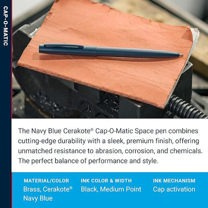 Fisher Space Pen Cap-O-Matic Pen, Ballpoint, Elite Navy, Cerakote Finish, Pocket Clip, Black Ink