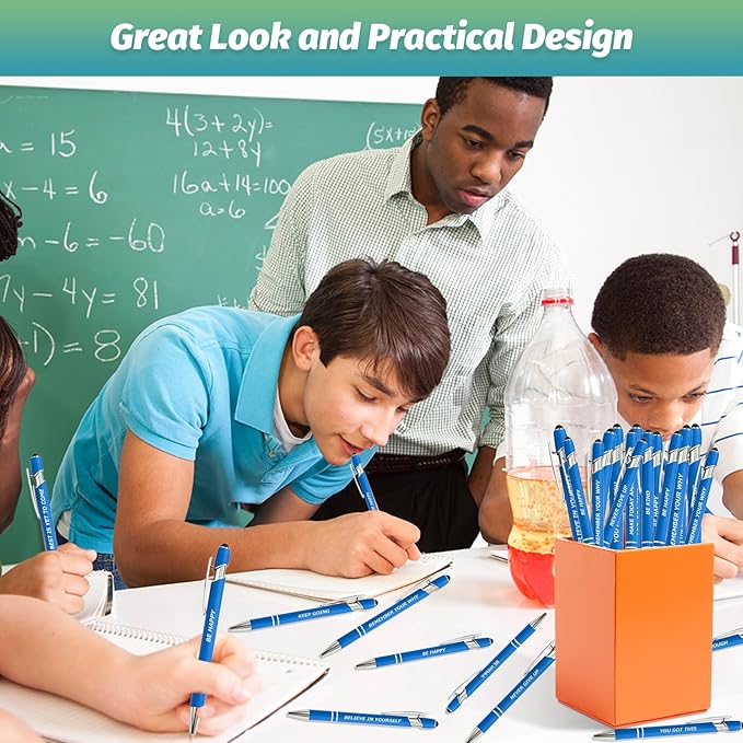 60 Piece Inspirational Pens Kit with Stylus Tip & Sayings – 30 Motivational Pen + 30 Individual Bags – Uplifting Quote & Positive Ideas – For Teachers, Office, School, Meetings, Team Events(Blue)